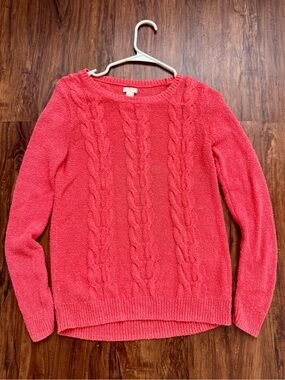 J. Crew Bright Coral Cable-Knit Crewneck Sweater, Size XS